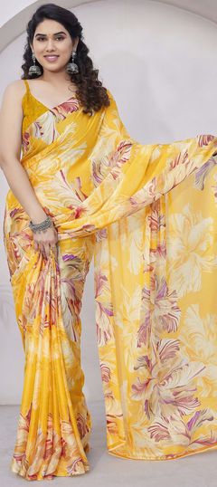 Yellow color Saree in Chiffon fabric with Floral, Printed work