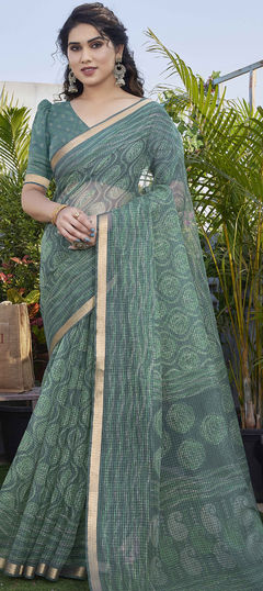 Casual, Traditional Blue color Saree in Kota Doria Silk, Polyester Silk fabric with South Printed work : 1938147