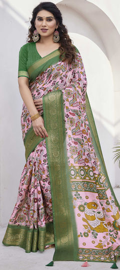 Pink and Majenta color Saree in Blended fabric with Floral, Printed, Weaving work