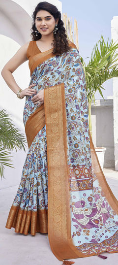 Blue color Saree in Blended fabric with Floral, Printed, Weaving work