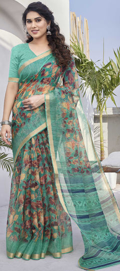 Blue color Saree in Kota Doria Silk, Polyester Silk fabric with Printed work