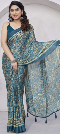 Blue color Saree in Chiffon fabric with Printed work