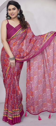 Pink and Majenta color Saree in Chiffon fabric with Printed work