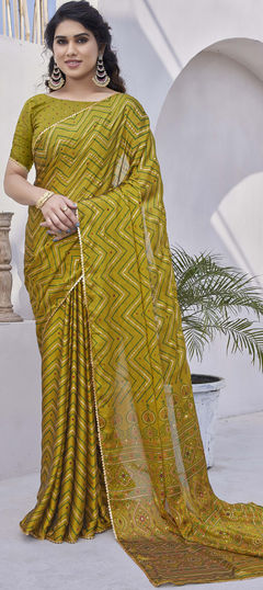 Casual, Party Wear Yellow color Saree in Chiffon fabric with Classic Foil Print, Lace work : 1938183