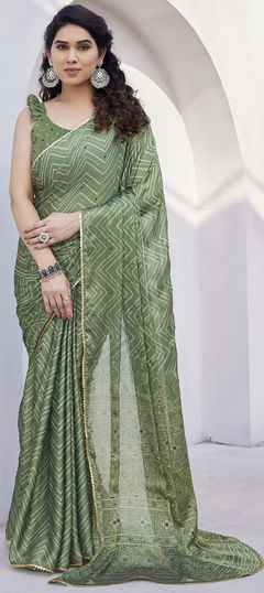 Casual, Party Wear Green color Saree in Chiffon fabric with Classic Foil Print, Lace work : 1938186