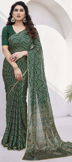 Casual, Party Wear Green color Saree in Chiffon fabric with Classic Foil Print, Lace work : 1938187