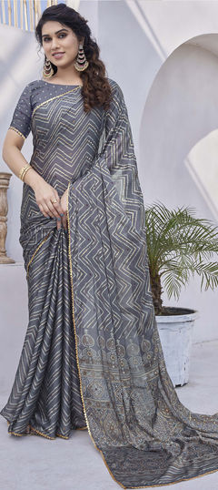 Casual, Party Wear Black and Grey color Saree in Chiffon fabric with Classic Foil Print, Lace work : 1938188