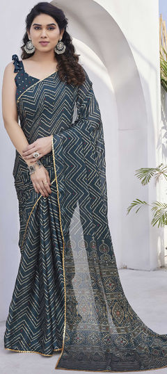 Casual, Party Wear Blue color Saree in Chiffon fabric with Classic Foil Print, Lace work : 1938194