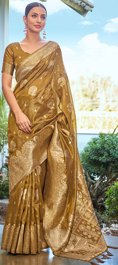 Beige and Brown color Saree in Shimmer fabric with Weaving, Zari work