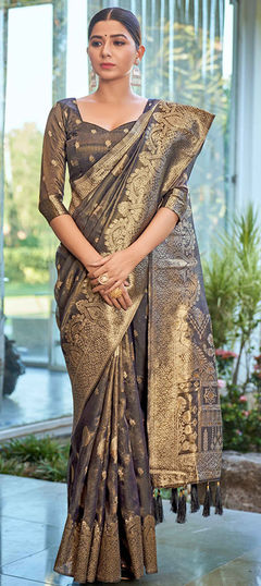 Beige and Brown color Saree in Shimmer fabric with Weaving, Zari work