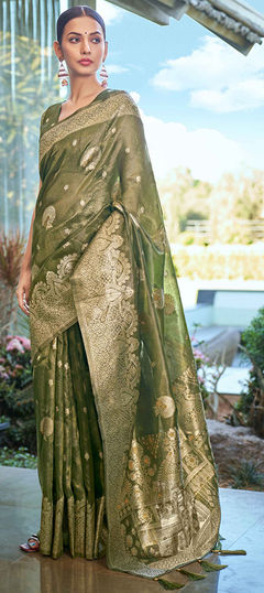 Black and Grey color Saree in Shimmer fabric with Weaving, Zari work