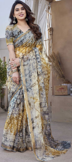 Traditional Yellow color Saree in Kota Doria Silk, Polyester Silk fabric with South Printed work : 1938202