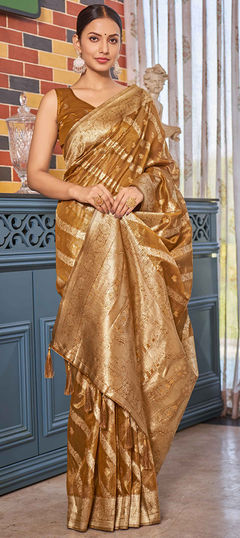 Yellow color Saree in Shimmer fabric with Weaving, Zari work