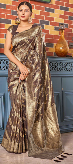 Beige and Brown color Saree in Shimmer fabric with Weaving, Zari work