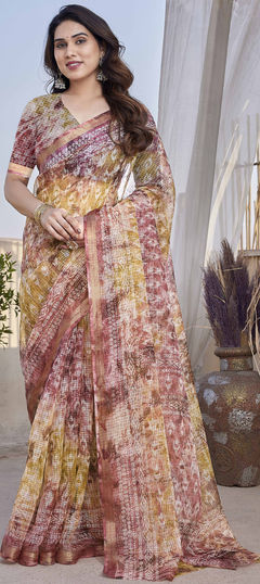 Traditional Yellow color Saree in Kota Doria Silk, Polyester Silk fabric with South Printed work : 1938206