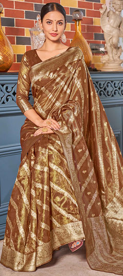 Beige and Brown color Saree in Shimmer fabric with Weaving, Zari work