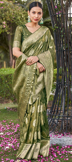 Green color Saree in Shimmer fabric with Weaving, Zari work
