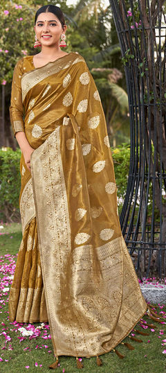 Yellow color Saree in Shimmer fabric with Weaving, Zari work