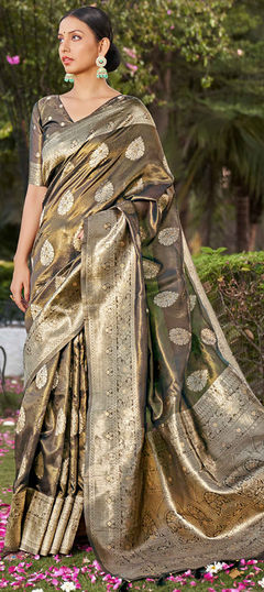 Black and Grey color Saree in Shimmer fabric with Weaving, Zari work