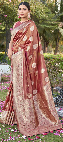 Beige and Brown color Saree in Shimmer fabric with Weaving, Zari work