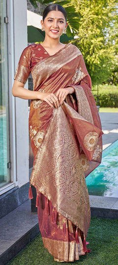 Red and Maroon color Saree in Shimmer fabric with Weaving, Zari work