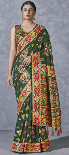 Green color Saree in Silk cotton fabric with Weaving, Zari work