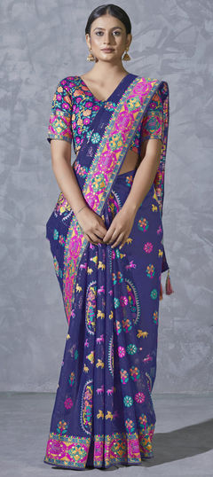 Festive, Party Wear, Traditional Blue color Saree in Silk cotton fabric with South Weaving, Zari work : 1938221