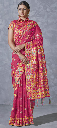 Festive, Party Wear, Traditional Pink and Majenta color Saree in Silk cotton fabric with South Weaving, Zari work : 1938223