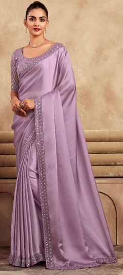 Purple and Violet color Saree in Satin Silk fabric with Embroidered, Sequence, Thread work