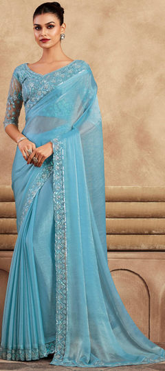 Blue color Saree in Chiffon fabric with Embroidered, Sequence, Thread work