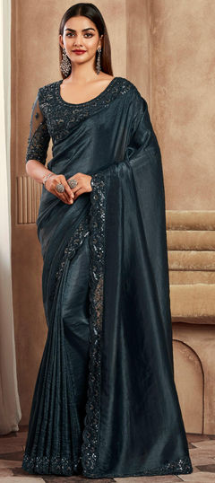 Black and Grey color Saree in Silk fabric with Embroidered, Sequence, Thread work