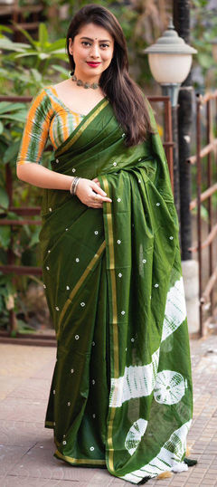 Green color Saree in Chanderi Silk fabric with Printed work