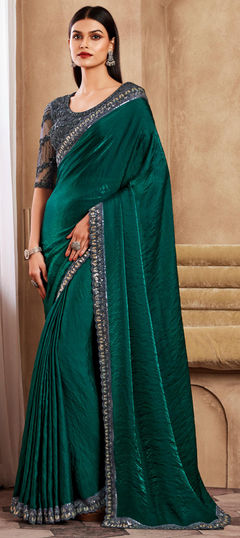 Green color Saree in Silk fabric with Embroidered, Sequence, Thread work