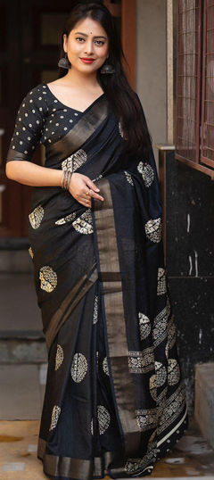 Party Wear, Traditional Black and Grey color Saree in Cotton fabric with Bengali Printed work : 1938419