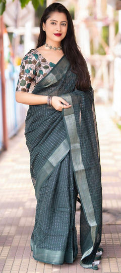 Party Wear, Traditional Green color Saree in Linen fabric with Bengali Sequence work : 1938435