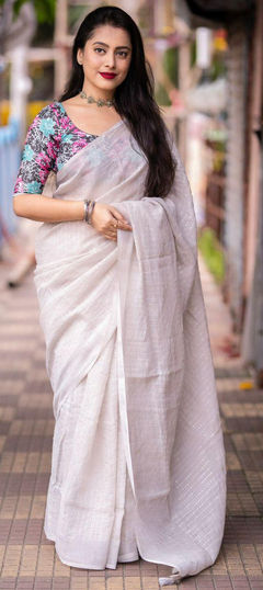 Black and Grey color Saree in Linen fabric with Sequence work