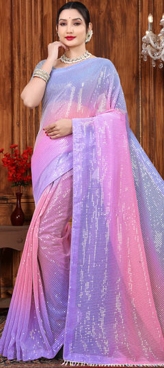 Engagement, Mehendi Sangeet, Reception Multicolor color Saree in Georgette fabric with Classic Sequence work : 1938462