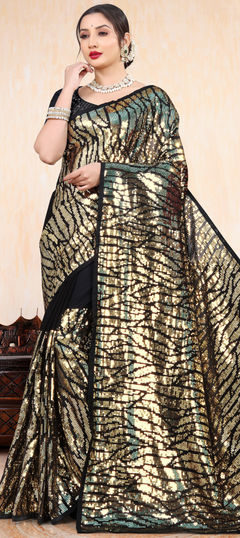 Engagement, Mehendi Sangeet, Reception Black and Grey color Saree in Georgette fabric with Classic Sequence work : 1938465