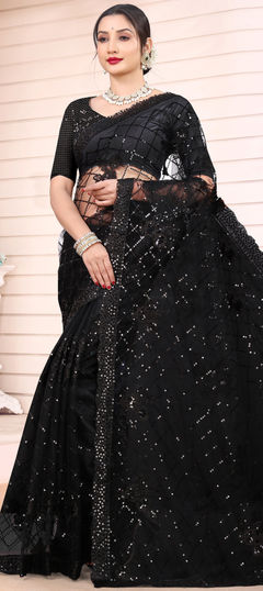 Engagement, Mehendi Sangeet, Reception Black and Grey color Saree in Net fabric with Classic Sequence, Thread work : 1938476