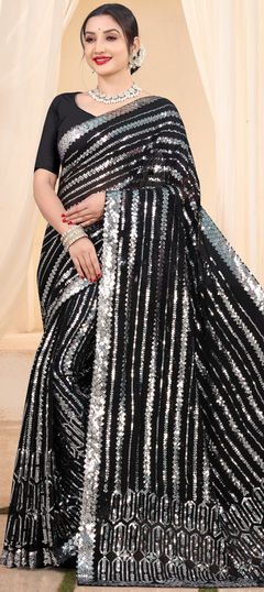 Black and Grey color Saree in Georgette fabric with Sequence work