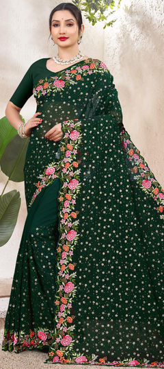 Green color Saree in Georgette fabric with Embroidered, Resham, Sequence, Thread work