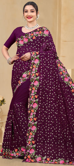 Purple and Violet color Saree in Georgette fabric with Embroidered, Resham, Sequence, Thread work