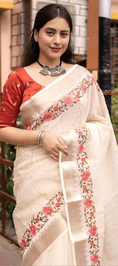 White and Off White color Saree in Linen fabric with Embroidered work