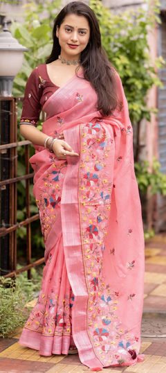 Pink and Majenta color Saree in Linen fabric with Embroidered work