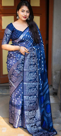 Party Wear, Traditional Blue color Saree in Jute fabric with South Printed work : 1938514