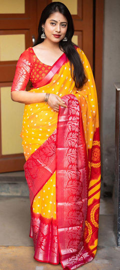 Party Wear, Traditional Yellow color Saree in Jute fabric with South Printed work : 1938522