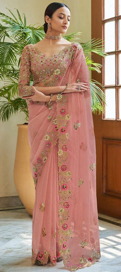 Pink and Majenta color Saree in Georgette fabric with Embroidered, Sequence, Thread work