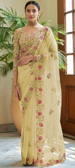 Yellow color Saree in Georgette fabric with Embroidered, Sequence, Thread work