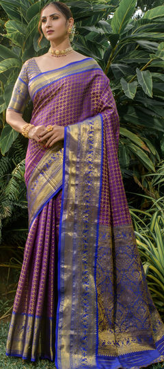 Festive, Traditional Purple and Violet color Saree in Kanchipuram Silk fabric with South Weaving work : 1938558