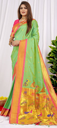 Green color Saree in Silk fabric with Weaving, Zari work